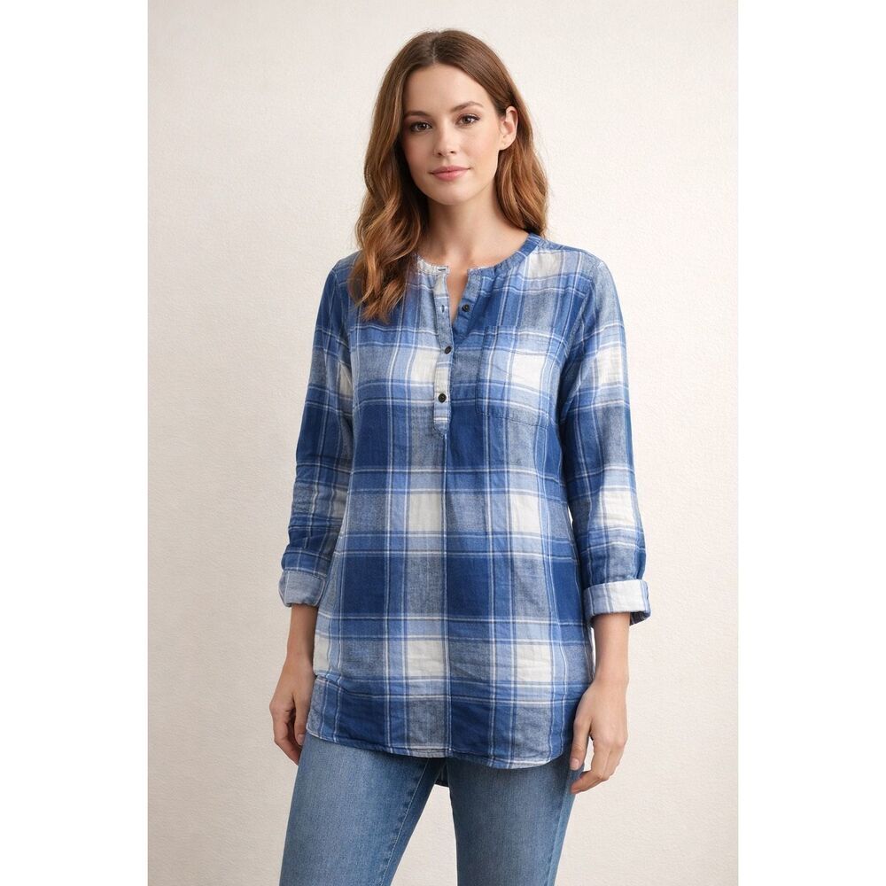 Old Navy Blue Plaid Linen Blend Tunic Top Women Medium